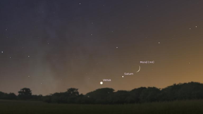 Die Mondsichel, Saturn und Venus stehen am frühen Abend tief am Südwesthimmel