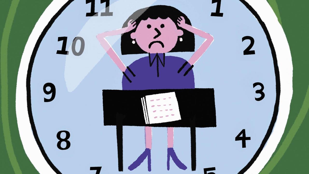 Die Illustration zeigt eine Frau in Panik in einer Stoppuhr. Die Illustration zeigt eine Frau in Panik in einer Stoppuhr.