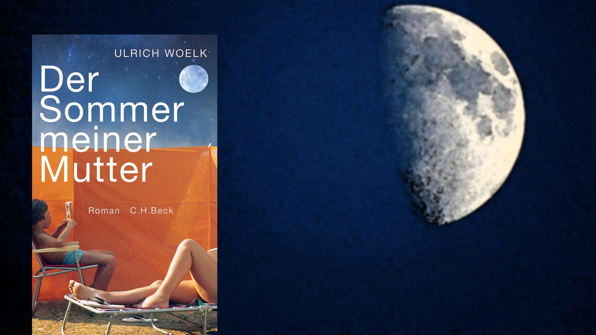 Im Vordergrund das Cover zu "Der Sommer meiner Mutter" von Ulrich Woelk, im Hintergrund Blick auf den Halbmond in der zunehmenden Phase, gesehen im Rhein-Kreis Neuss Im Vordergrund das Cover zu "Der Sommer meiner Mutter" von Ulrich Woelk, im Hintergrund Blick auf den Halbmond in der zunehmenden Phase, gesehen im Rhein-Kreis Neuss
