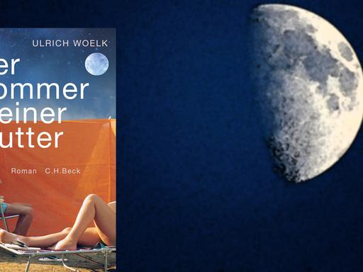Im Vordergrund das Cover zu "Der Sommer meiner Mutter" von Ulrich Woelk, im Hintergrund Blick auf den Halbmond in der zunehmenden Phase, gesehen im Rhein-Kreis Neuss