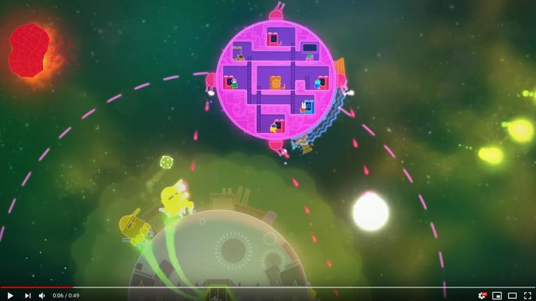Szene aus dem Computerspiel "Lovers in a Dangerous Spacetime". Durch einen virtuellen Weltraum fliegt ein Raumschiff. Szene aus dem Computerspiel "Lovers in a Dangerous Spacetime". Durch einen virtuellen Weltraum fliegt ein Raumschiff.