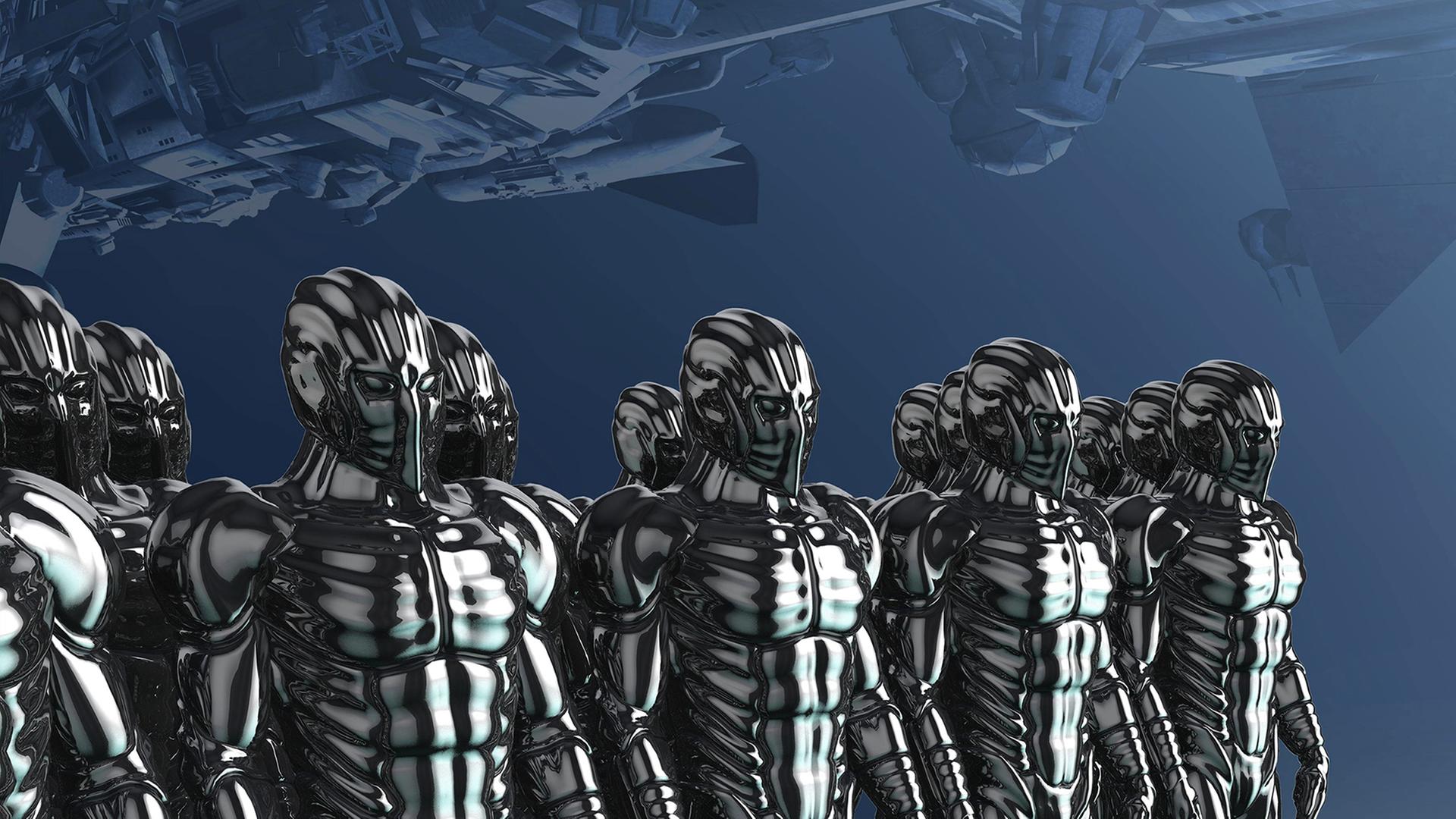 Eine Illustration zeigt eine Gruppe von roboterartigen Cyborgs, über ihnen schwebt ein Raumschiff