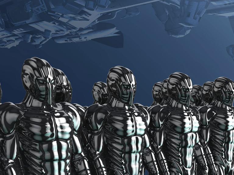 Eine Illustration zeigt eine Gruppe von roboterartigen Cyborgs, über ihnen schwebt ein Raumschiff