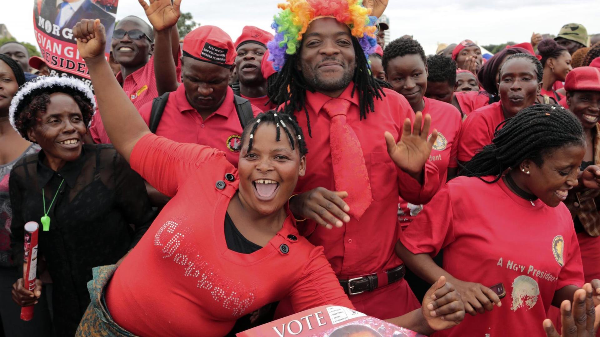 Nahaufnahme drei junger Anhänger der Partei Movement for Democtratic Change am 19. Februar 2018 in Harare in Simbabwe.