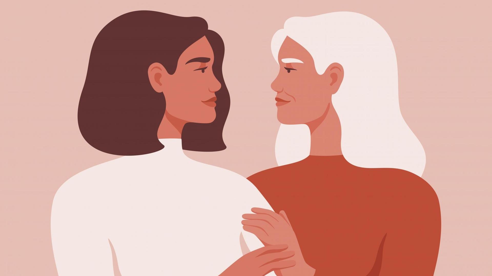 Illustration einer Mutter und Tochter, die sich vertraut in die Augen sehen. Illustration einer Mutter und Tochter, die sich vertraut in die Augen sehen.
