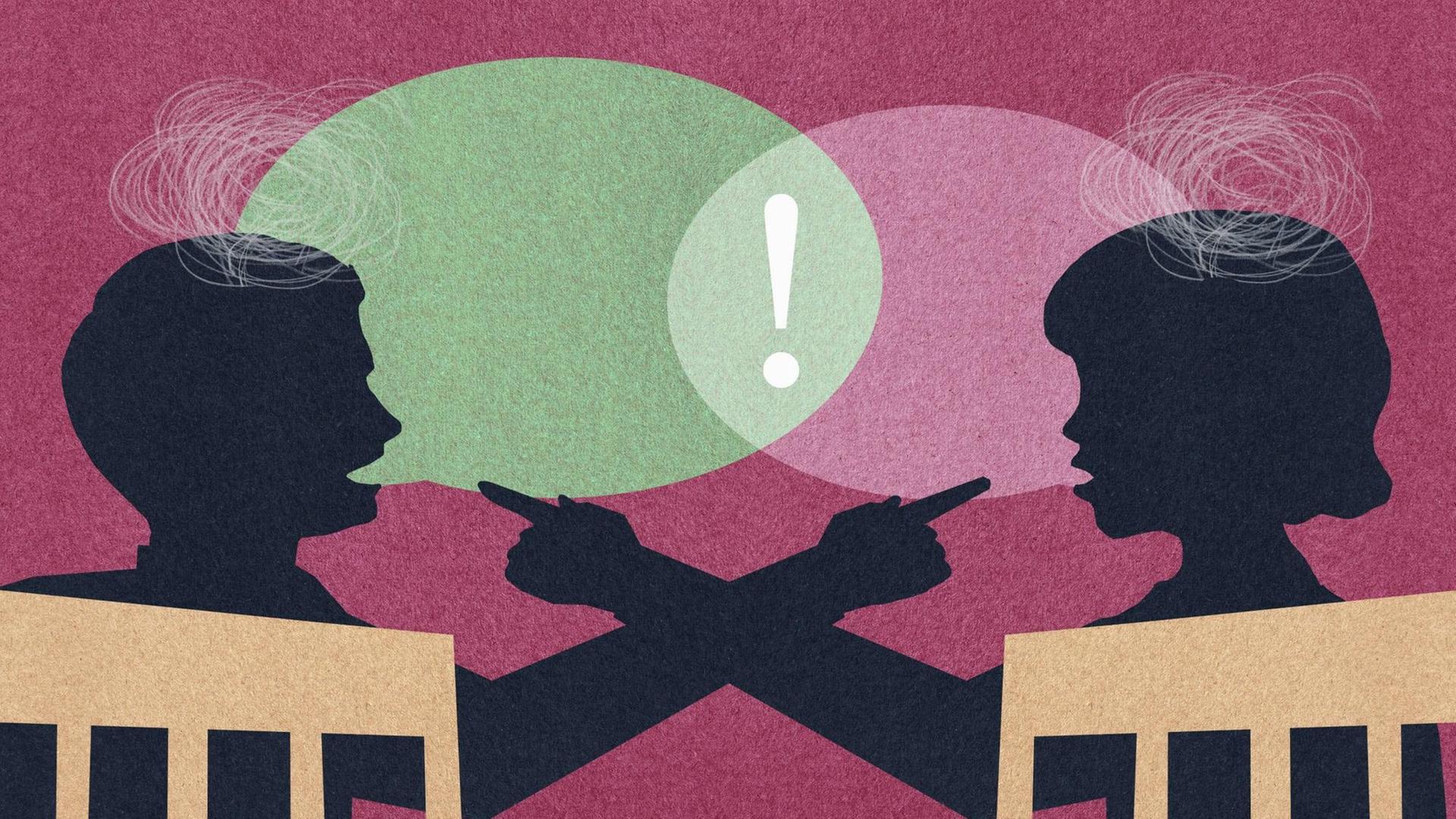 Die Illustration zeigt einen Mann und eine Frau mit Sprechblasen. Die Illustration zeigt einen Mann und eine Frau mit Sprechblasen.