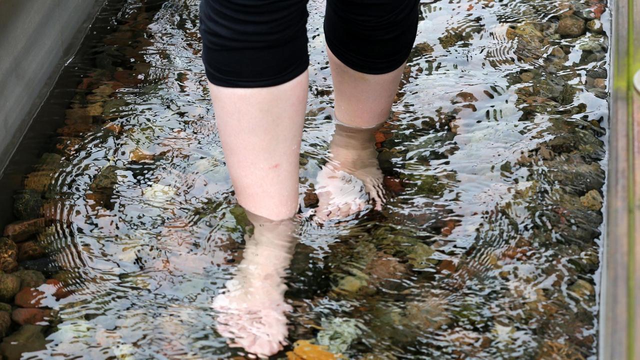 Eine Frau geht am 23.03.2016 im Arkona Spa im Neptun Hotel Warnemünde (Mecklenburg-Vorpommern) in einem Meerwasser-Kneippgang. Der Kneippgang ist Teil der Angebote für die Thalasso-Therapie, einer Therapie am Meer und mit Meerwasser. Eine Frau geht am 23.03.2016 im Arkona Spa im Neptun Hotel Warnemünde (Mecklenburg-Vorpommern) in einem Meerwasser-Kneippgang. Der Kneippgang ist Teil der Angebote für die Thalasso-Therapie, einer Therapie am Meer und mit Meerwasser.