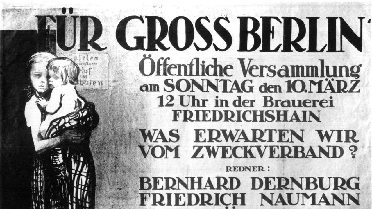 Mit einer Zeichnung von Käthe Kollwitz wirbt 1912 der Ausschuss "Für Gross-Berlin" für eine öffentliche Versammlung. Mit einer Zeichnung von Käthe Kollwitz wirbt 1912 der Ausschuss "Für Gross-Berlin" für eine öffentliche Versammlung.