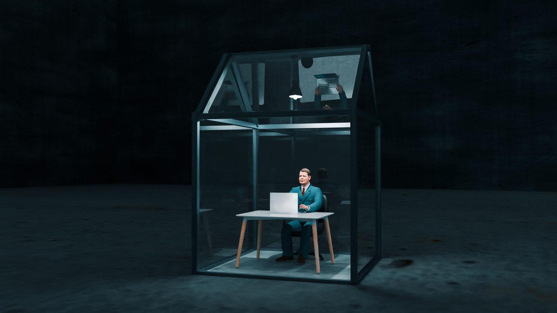 In einem gläseren Haus sitzt ein Mann an seinem Schreibtisch. In einem gläseren Haus sitzt ein Mann an seinem Schreibtisch.