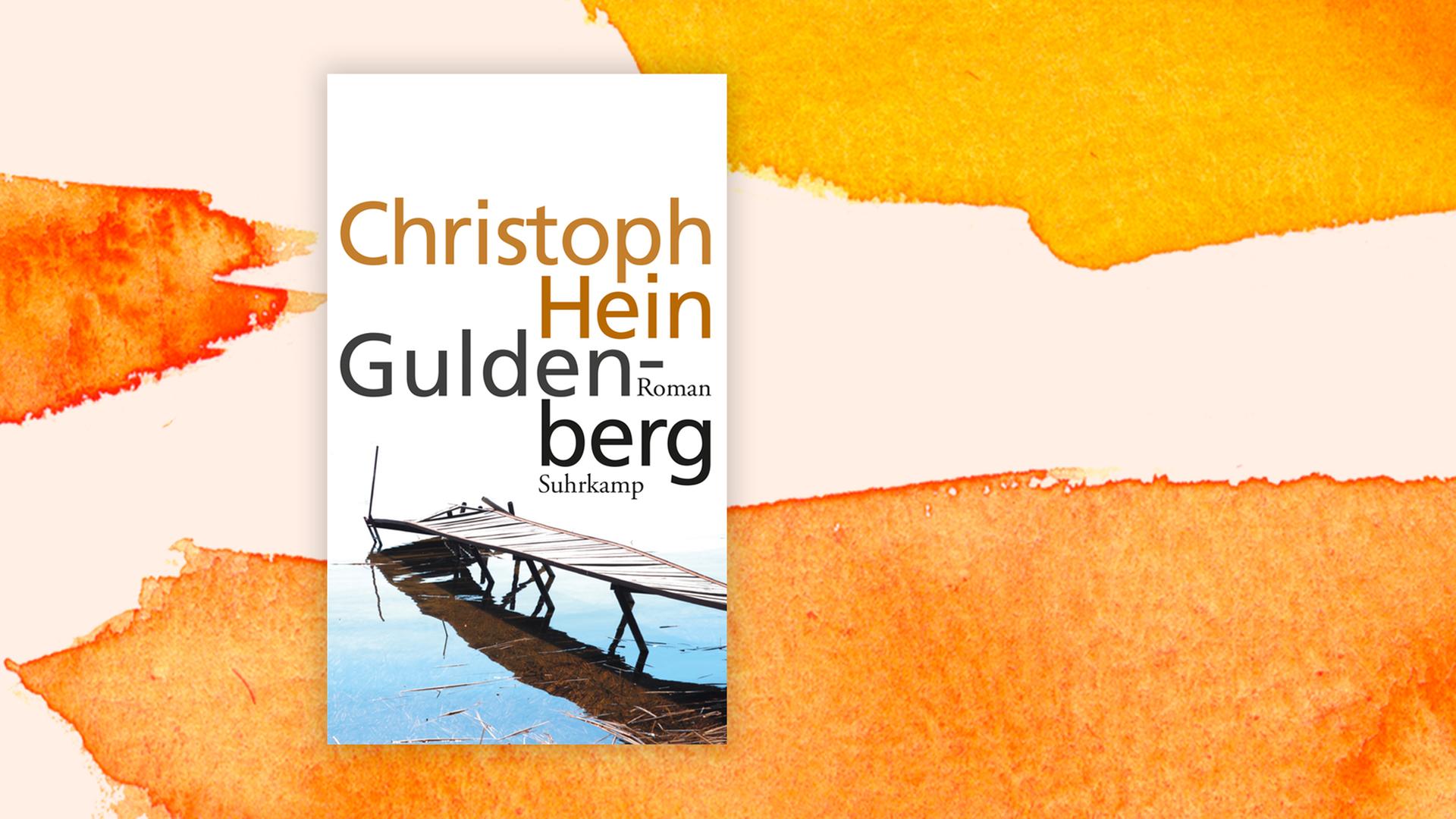 Das Buchcover "Guldenberg" von Christoph Hein, mit der Illustration eines maroden Holzstegs, vor einem grafischen Hintergrund.
