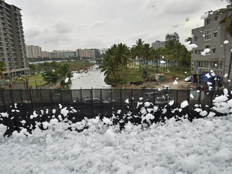 Die chemischen Schaumflocken verdecken Teile des Bellandursees im indischen Bangalore ganz. Kommt Wind auf, fliegen sie durchs Stadtviertel
