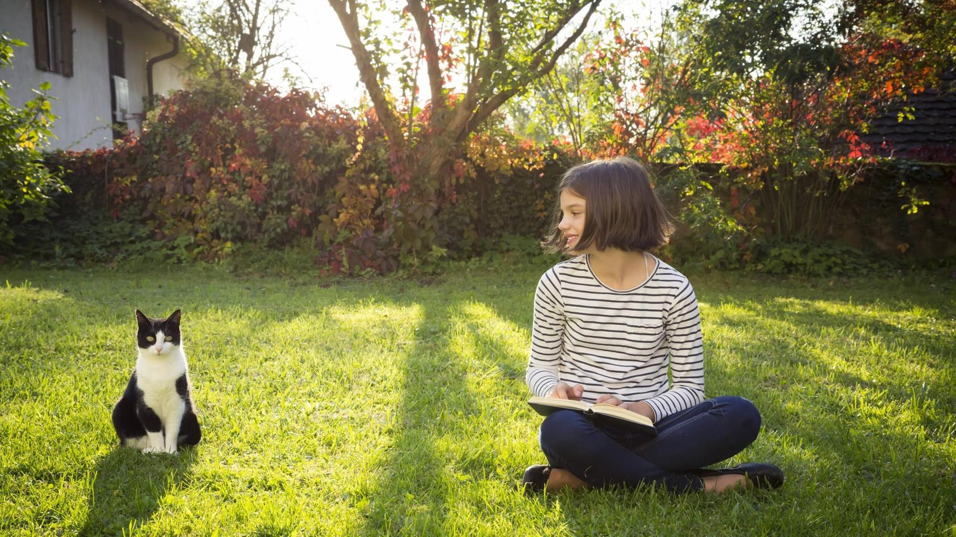 Mädchen mit Buch und Katze im Garten (Symbolfoto) Mädchen mit Buch und Katze im Garten (Symbolfoto)