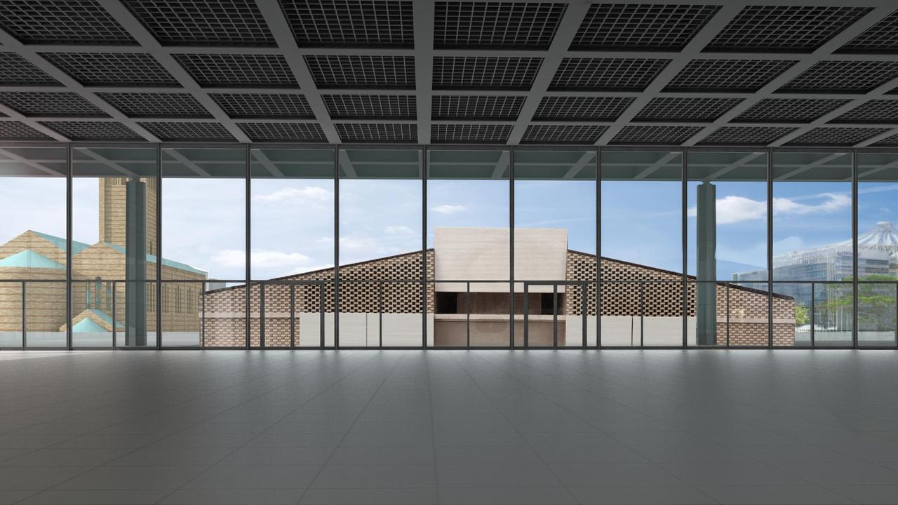 Ein Entwurf des Museums der Moderne durch die nördliche Glasfront der Neuen Nationalgalerie betrachtet.