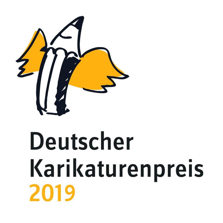 Das Logo des Deutschen Karikaturenpreises 2019 - ein geflügelter Bleistift
