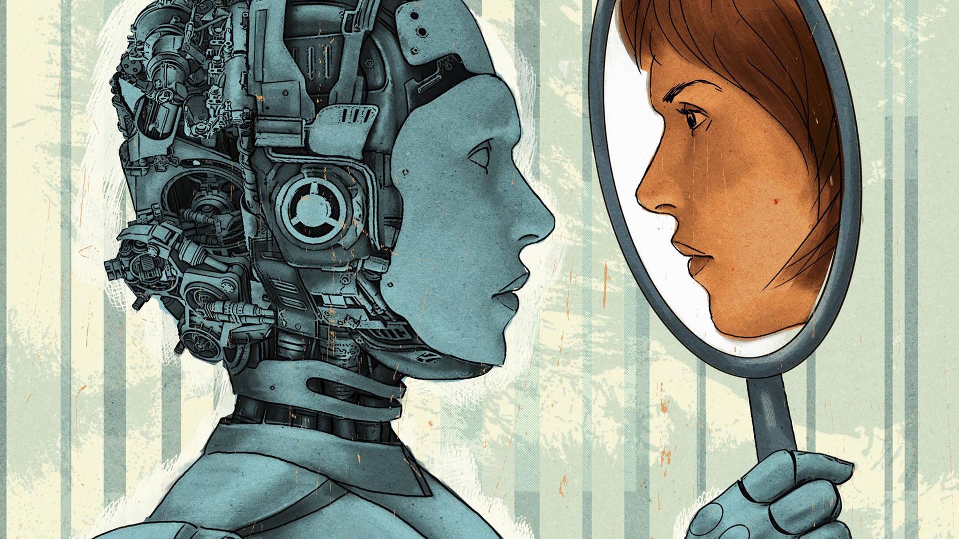 Weiblicher Roboter mit dem Spiegelbild einer Frau. Weiblicher Roboter mit dem Spiegelbild einer Frau.