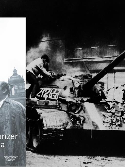 Cover von "Der Panzer zeigte auf Kafka" von Heinrich Böll, im Hintergrund ein sowjetischer Panzer 1968 in Prag.