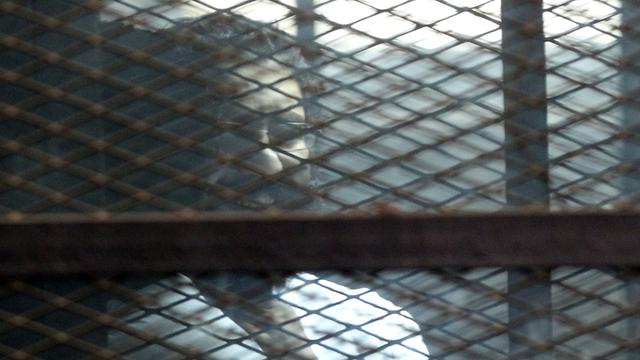 Der bekannte ägyptische Blogger Alaa Abdel Fattah steht während des Prozesses gegen ihn vor einem Kairoer Gericht am 23.2.2015 in einem Käfig.