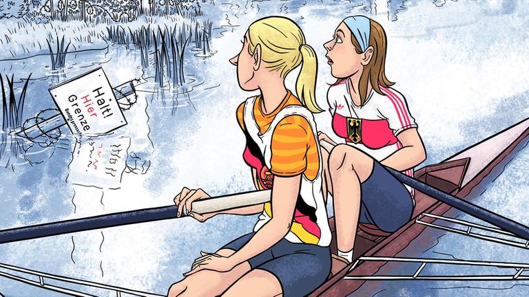 Das Cover der Graphic Novel: Zwei Ruderinnen überfahren die ehemalige Grenze auf einem Fluss Das Cover der Graphic Novel: Zwei Ruderinnen überfahren die ehemalige Grenze auf einem Fluss