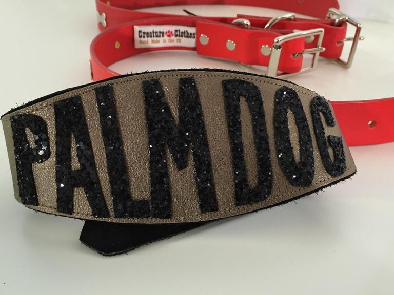 Farbfoto eines Hundehalsbands, auf dem Palm Dog steht. Es ist eine Auszeichnung für den besten Vierbeiner in den Filmen beim Filmfestival Cannes.
