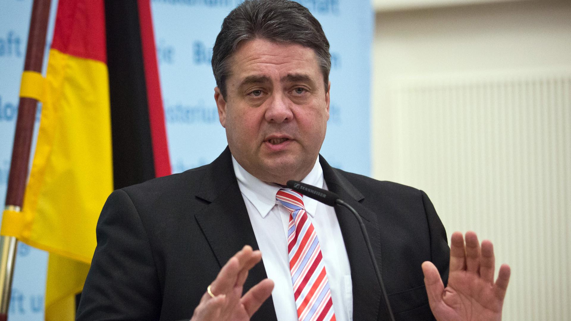 Bundeswirtschaftsminister Sigmar Gabriel steht vor einer Deutschland-Flagge an einem Redepult. Bundeswirtschaftsminister Sigmar Gabriel steht vor einer Deutschland-Flagge an einem Redepult.