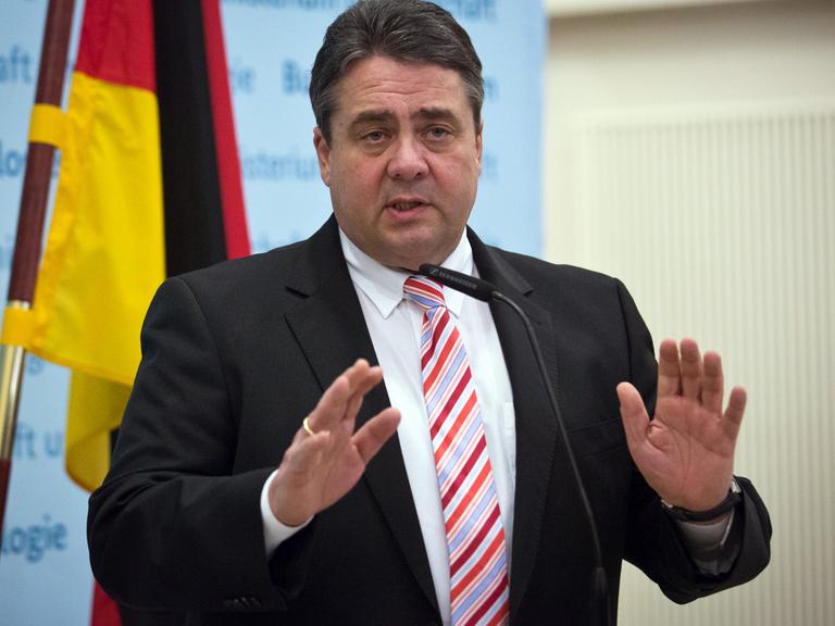 Bundeswirtschaftsminister Sigmar Gabriel steht vor einer Deutschland-Flagge an einem Redepult.