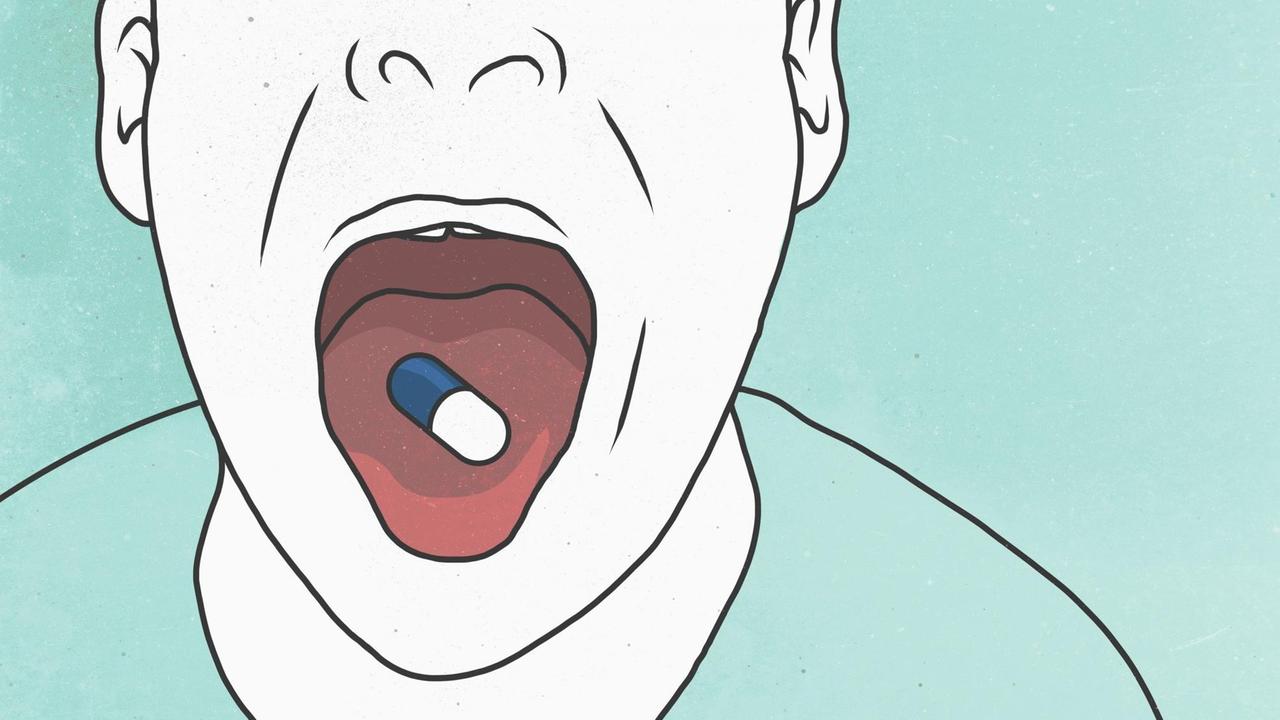 Illustration einer Kapsel auf der Zunge eines Mannes. Illustration einer Kapsel auf der Zunge eines Mannes.