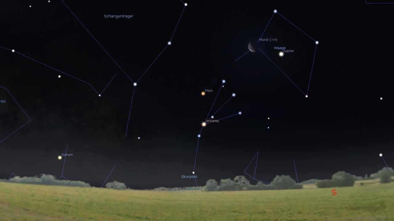 Am Morgen des 8. Februar steht der Mond zwischen Jupiter und Mars, tief im Südosten leuchtet auch Saturn Am Morgen des 8. Februar steht der Mond zwischen Jupiter und Mars, tief im Südosten leuchtet auch Saturn
