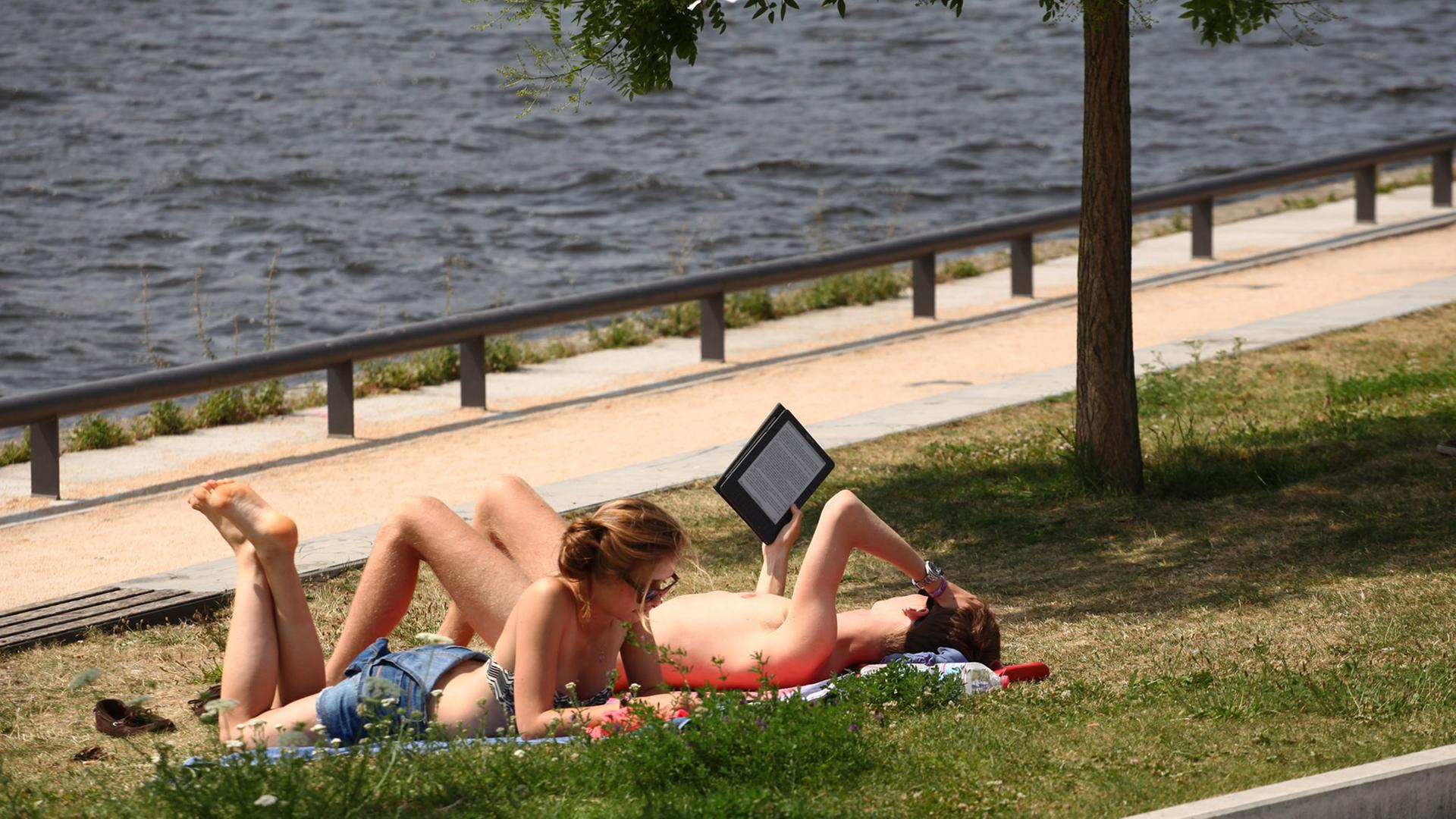 Leser mit E-Book-Reader im Park Leser mit E-Book-Reader im Park