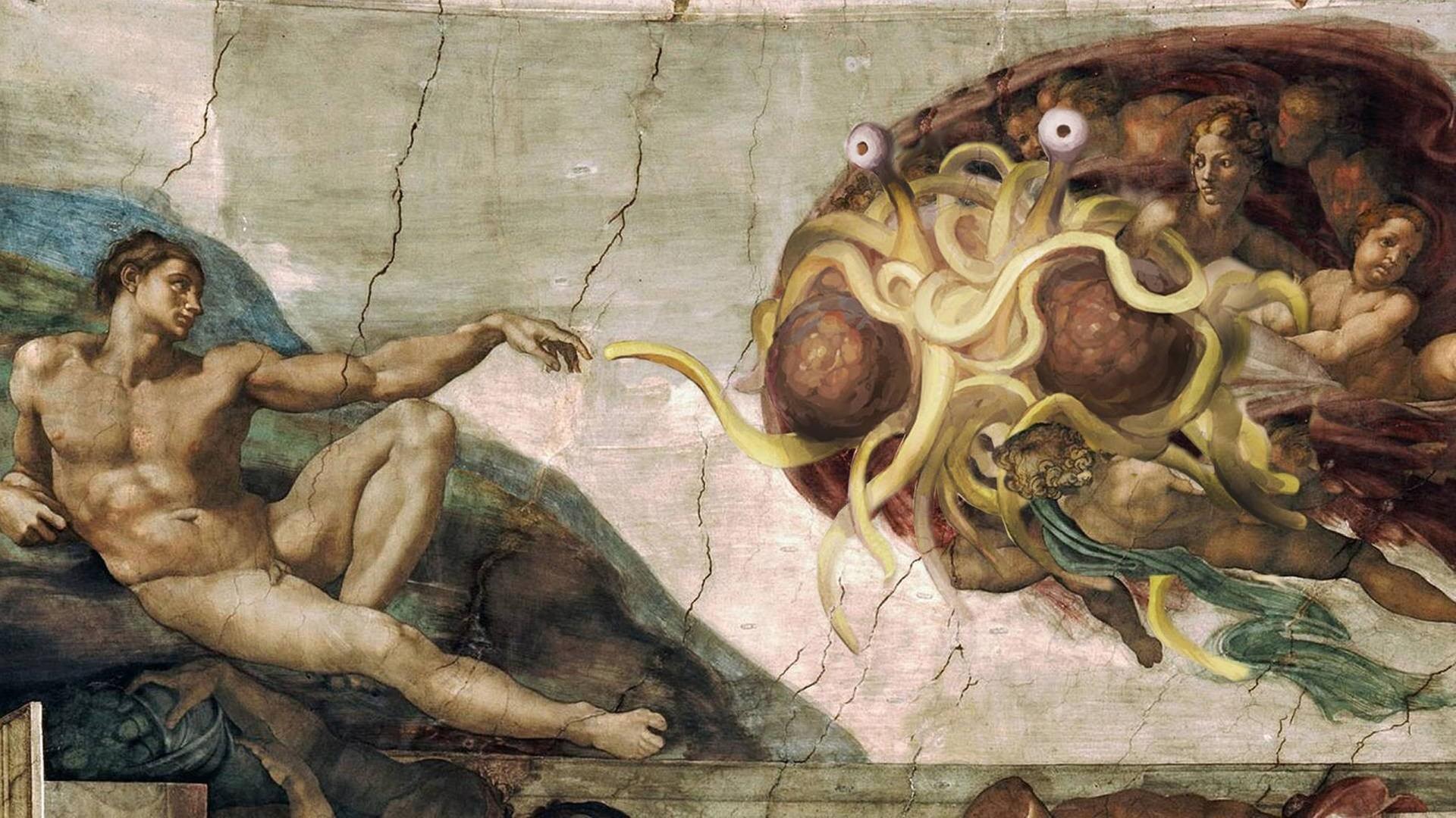 Fliegendes Spaghettimonster - das Bild entstand in Anlehnung an Michaelangelos "Die Erschaffung Adams". Fliegendes Spaghettimonster - das Bild entstand in Anlehnung an Michaelangelos "Die Erschaffung Adams".