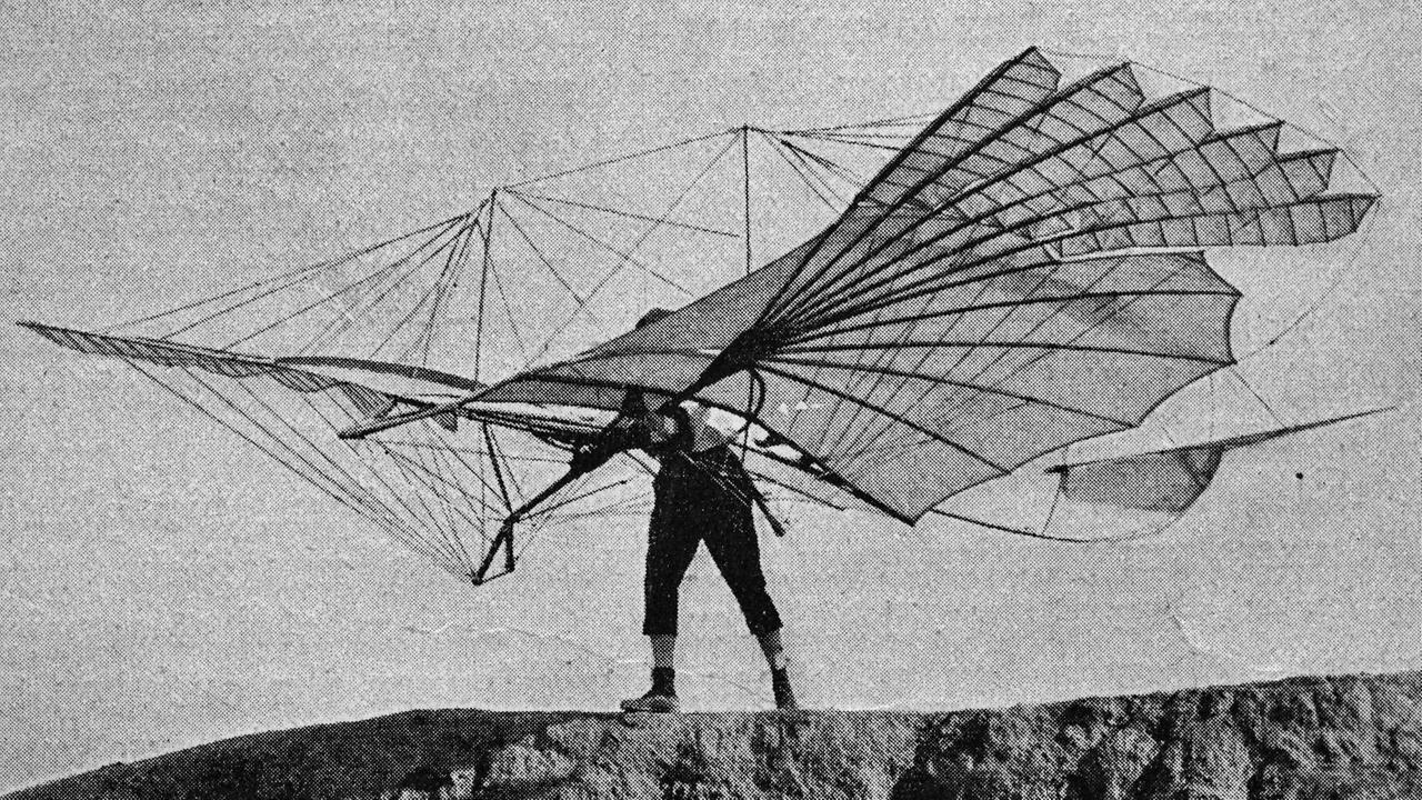 Der Luftfahrtpionier Otto Lilienthal (1848–1896) mit seinem "Flugapparat"