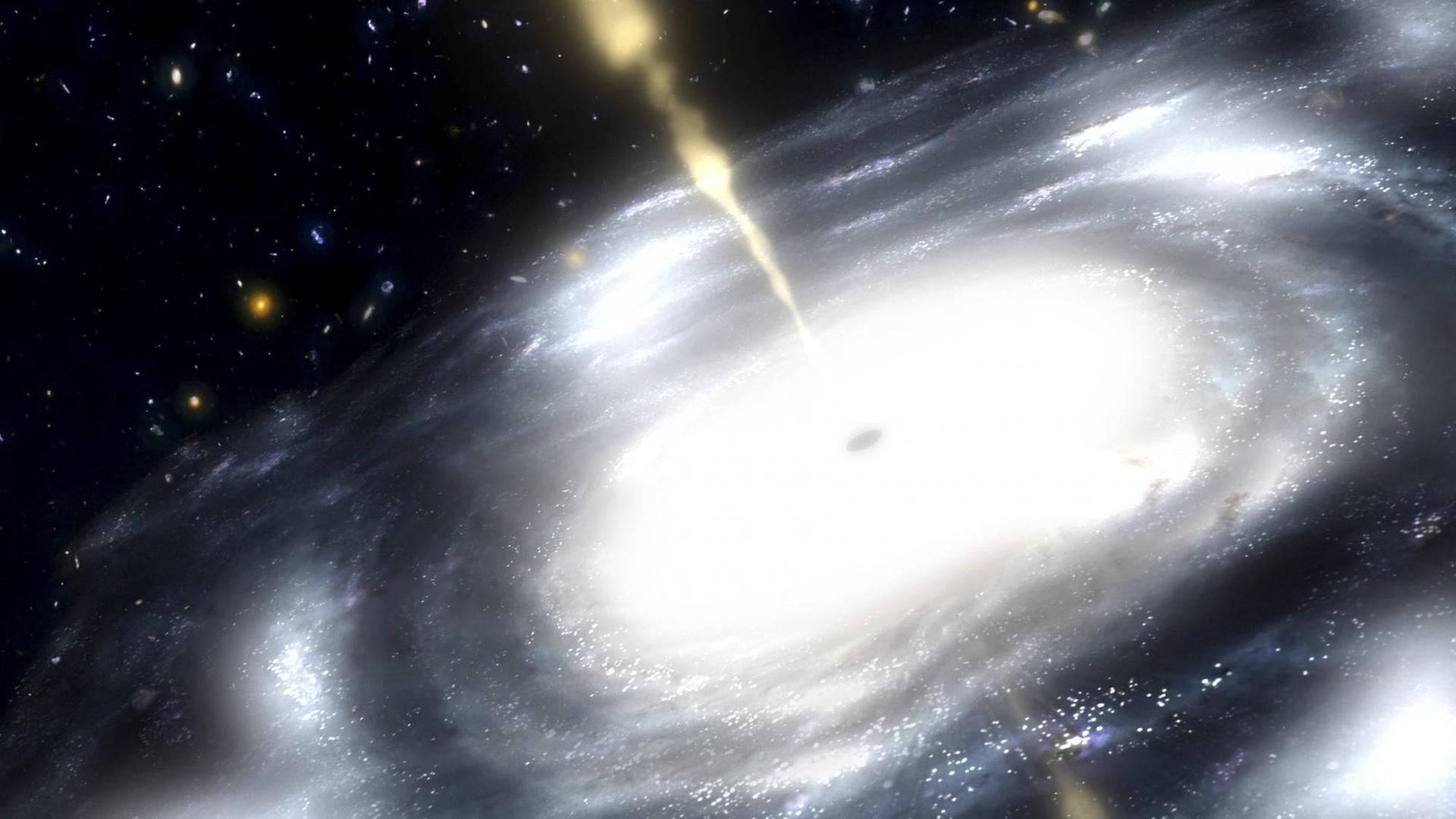 Künstlerische Darstellung einer seltenen Galaxie, die Radiopulse ausstrahlt. (This artist s rendition illustrates a rare galaxy that is extremely dusty and produces radio jets) Künstlerische Darstellung einer seltenen Galaxie, die Radiopulse ausstrahlt. (This artist s rendition illustrates a rare galaxy that is extremely dusty and produces radio jets)