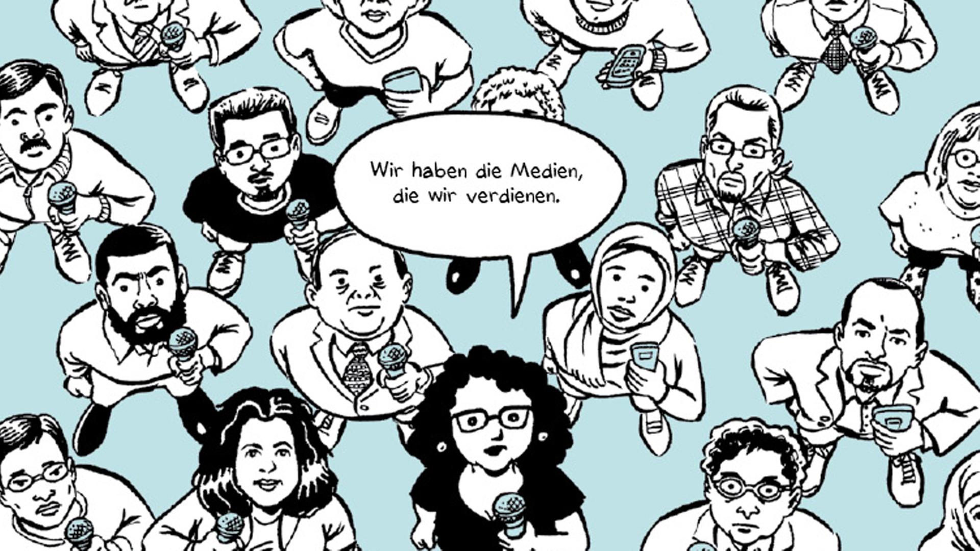 Ausschnitt aus der deutschen Übersetzung der Graphic Novel "Der Beeinflussungsapparat", geschrieben von Brooke Gladstone und gezeichnet von Josh Neufeld Ausschnitt aus der deutschen Übersetzung der Graphic Novel "Der Beeinflussungsapparat", geschrieben von Brooke Gladstone und gezeichnet von Josh Neufeld