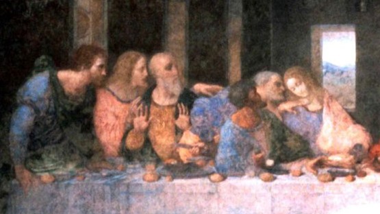 Ausschnitt aus "Das letzte Abendmahl" von Leonardo da Vinci: Linke Seite der Tafel. Die Jünger Johannes, Petrus, Judas, Andreas, Jakobus, Bartholomäus Ausschnitt aus "Das letzte Abendmahl" von Leonardo da Vinci: Linke Seite der Tafel. Die Jünger Johannes, Petrus, Judas, Andreas, Jakobus, Bartholomäus