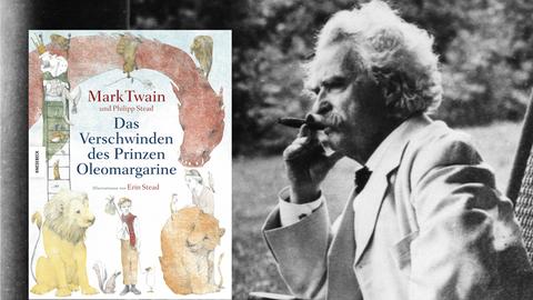 Collage aus dem Cover von Mark Twains "Das Verschwinden des Prinzen Oleomargarine" und einem Porträt von Mark Twain, Zigarre rauchend