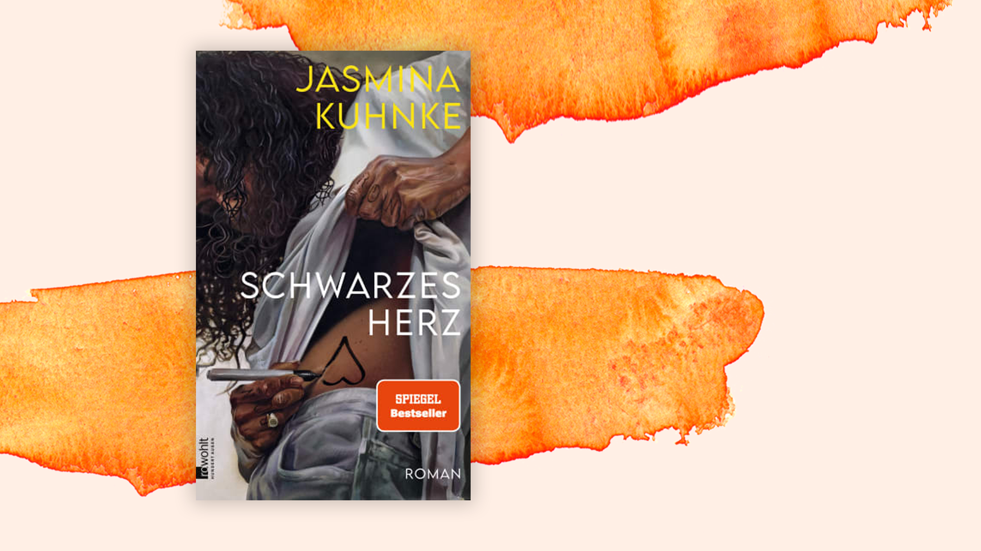 Das Buchcover von Jasmina Kuhnkes "Schwarzes Herz" vor einem orangefarbenen Hintergrund. Das Buchcover von Jasmina Kuhnkes "Schwarzes Herz" vor einem orangefarbenen Hintergrund.