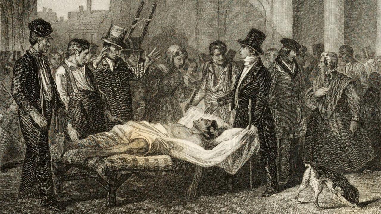 Historische Darstellung eines Cholera-Opfers im Bett liegend, umringt von einer Menschenmenge.