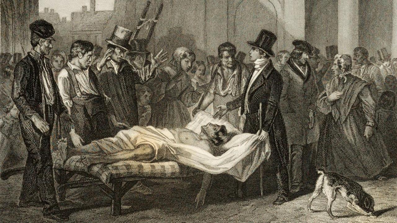 Historische Darstellung eines Cholera-Opfers im Bett liegend, umringt von einer Menschenmenge. Historische Darstellung eines Cholera-Opfers im Bett liegend, umringt von einer Menschenmenge.