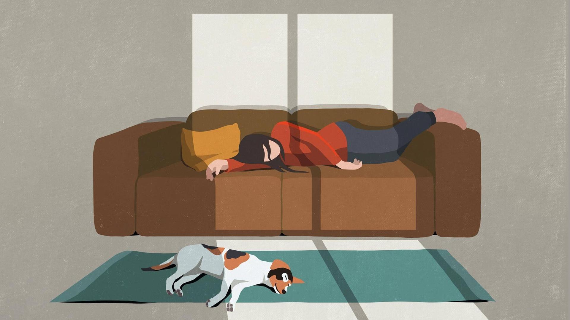 Illustration einer erschöpften Frau, die auf einem Sofa schläft. Zu Ihren Füßen liegt ein ebenfalls erschöpfter Hund auf dem Teppich. Illustration einer erschöpften Frau, die auf einem Sofa schläft. Zu Ihren Füßen liegt ein ebenfalls erschöpfter Hund auf dem Teppich.