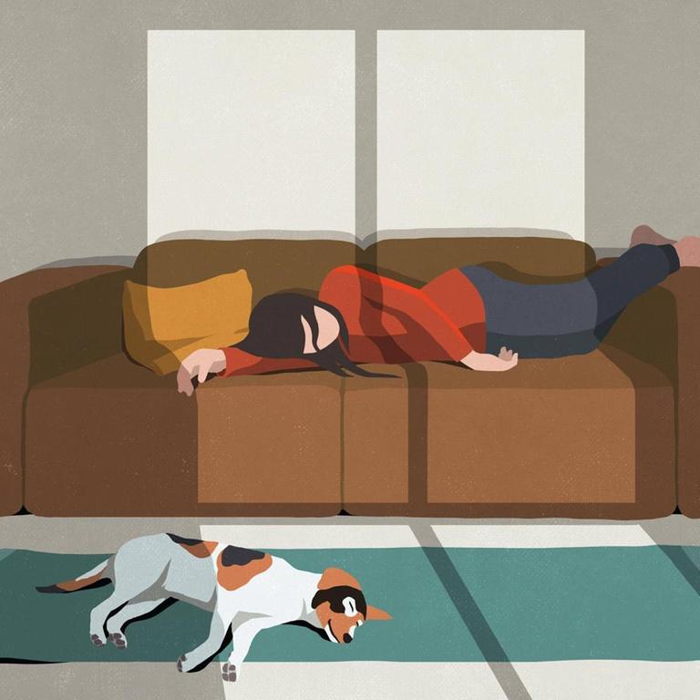 Illustration einer erschöpften Frau, die auf einem Sofa schläft. Zu Ihren Füßen liegt ein ebenfalls erschöpfter Hund auf dem Teppich.  