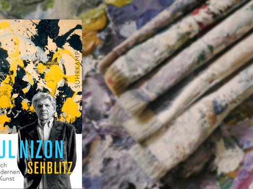 Buchcover "Sehblitz - Almanach der modernen Kunst" von Paul Nizon, im Hintergrund Pinsel und Farben auf einer Palette