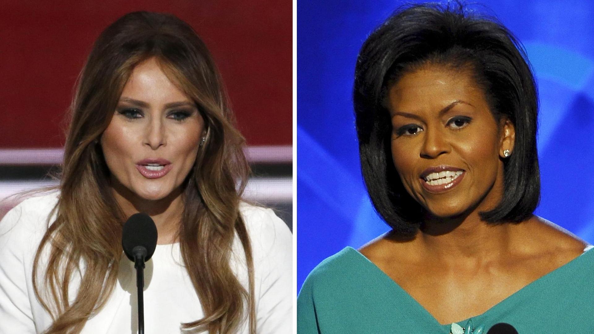 Melania Trump (l), die Frau des republikanischen Präsidentschaftskandidaten Donald Trump, auf dem Parteitag (2016). Und Michelle Obama (r), die Frau des jetzigen Präsidenten und damaligen Präsidentschaftskandidaten der Demokraten, Barack Obama, 2008 auf einem Parteitag. Melania Trump (l), die Frau des republikanischen Präsidentschaftskandidaten Donald Trump, auf dem Parteitag (2016). Und Michelle Obama (r), die Frau des jetzigen Präsidenten und damaligen Präsidentschaftskandidaten der Demokraten, Barack Obama, 2008 auf einem Parteitag.