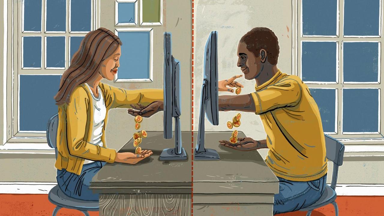 Eine Zeichnung von zwei Menschen an Computern, die räumlich voneinander getrennt sind, wie eine Strichelung in der Mitte suggeriert. Beide reichen mit der Hand in den Bildschirm und kommen damit auf dem Bildschirm des anderen heraus, wo sie Münzen fallen lassen. Eine Zeichnung von zwei Menschen an Computern, die räumlich voneinander getrennt sind, wie eine Strichelung in der Mitte suggeriert. Beide reichen mit der Hand in den Bildschirm und kommen damit auf dem Bildschirm des anderen heraus, wo sie Münzen fallen lassen.