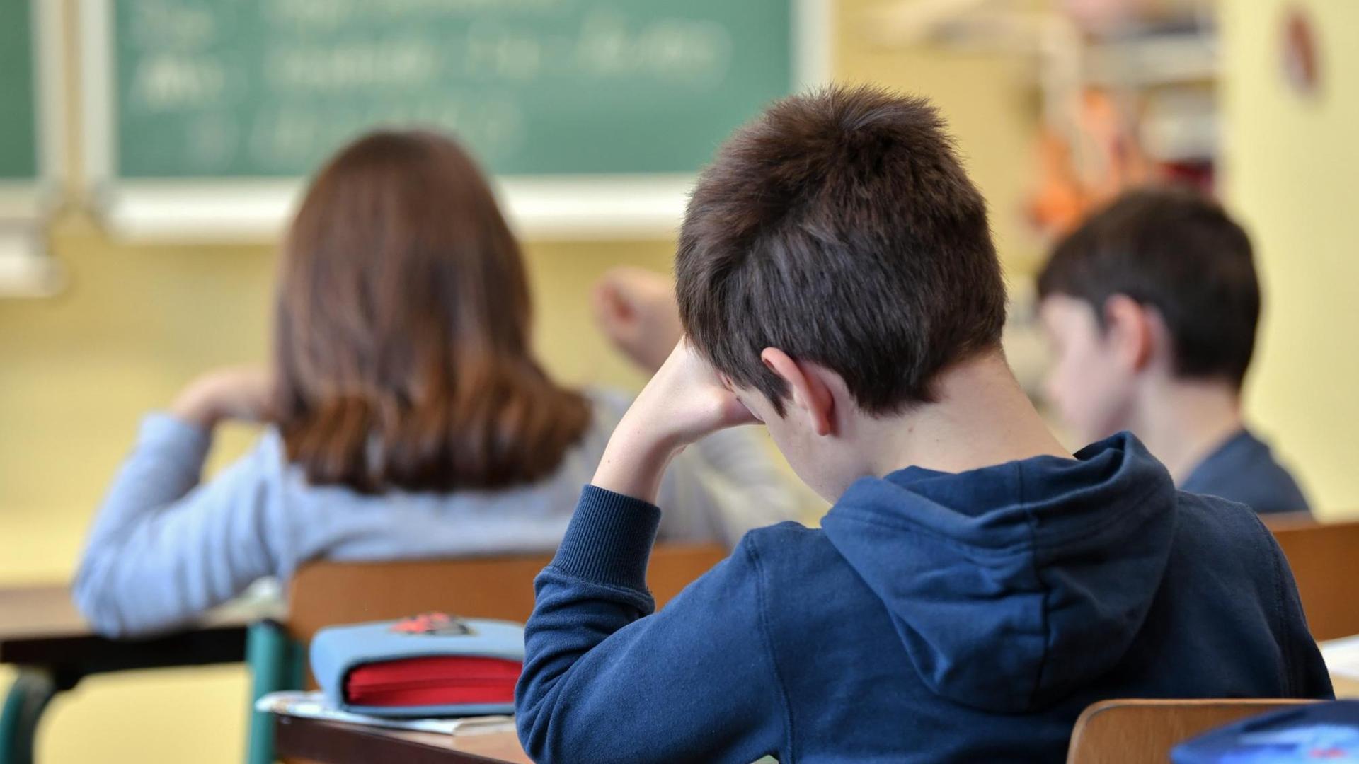 Schüler einer dritten Klasse einer Grundschule in Prenzlau in Brandenburg sitzen vor einer Tafel. Schüler einer dritten Klasse einer Grundschule in Prenzlau in Brandenburg sitzen vor einer Tafel.