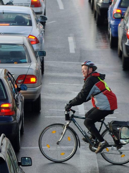 Ein Fahrradfahrer fährt zwischen Autos vorbei, die sich an einer Einfallstraße von Frankfurt am Main im Berufsverkehr stauen.