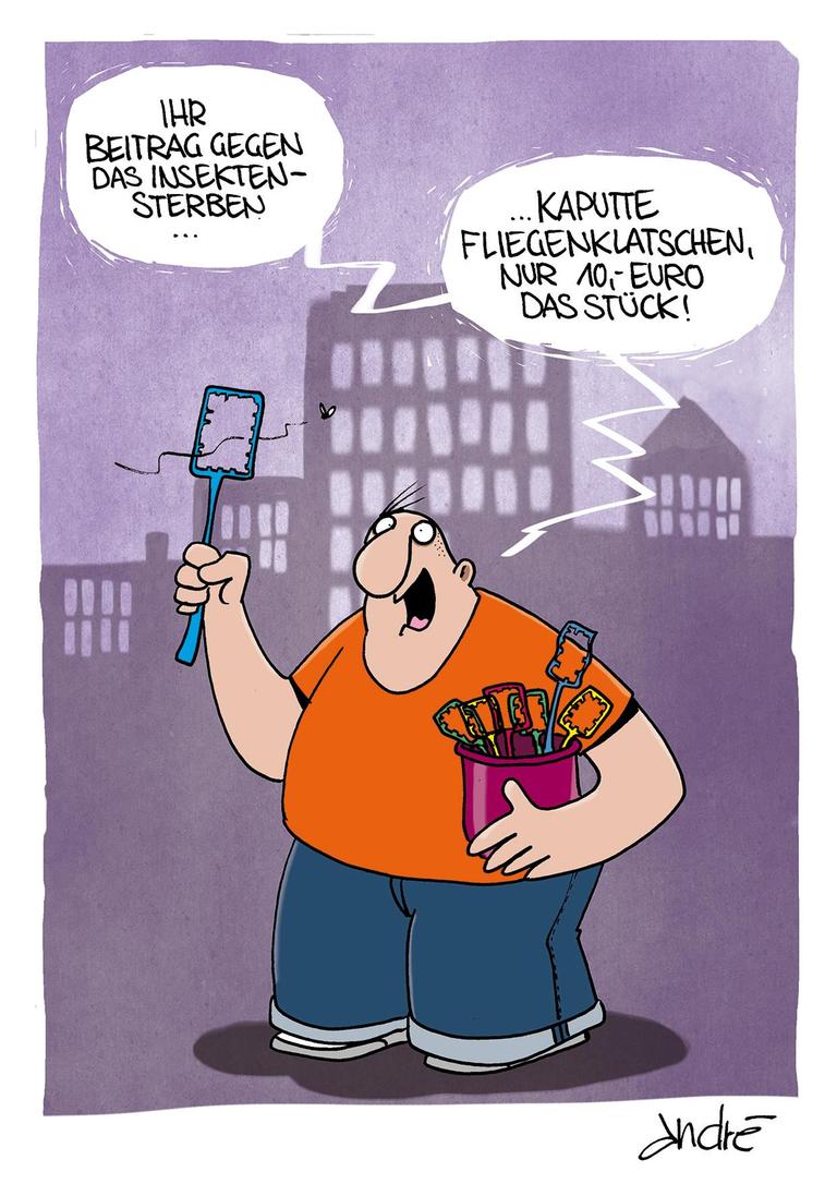 Ein Mann hält eine kaputte Fliegenklatsche in der Hand, in der anderen einen ganzen Eimer davon. Er sagt: "Ihr Beitrag gegen das Insektensterben: Kaputte Fliegenklatschen, nur zehn Euro das Stück!" Ein Mann hält eine kaputte Fliegenklatsche in der Hand, in der anderen einen ganzen Eimer davon. Er sagt: "Ihr Beitrag gegen das Insektensterben: Kaputte Fliegenklatschen, nur zehn Euro das Stück!"