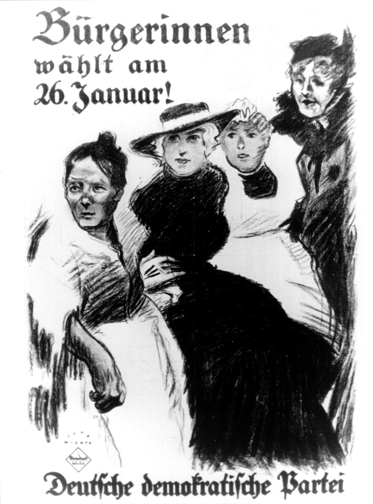 Das Plakat der Deutschen Demokratischen Partei für die Wahlen zur Preußischen Landesversammlung am 26. Januar 1919 fordert die Bürgerinnen zur Wahrnehmung ihrer Rechte auf. Im Jahr 1919 waren die Frauen in Deutschland erstmals wahlberechtigt. | Verwendung weltweit Das Plakat der Deutschen Demokratischen Partei für die Wahlen zur Preußischen Landesversammlung am 26. Januar 1919 fordert die Bürgerinnen zur Wahrnehmung ihrer Rechte auf. Im Jahr 1919 waren die Frauen in Deutschland erstmals wahlberechtigt. | Verwendung weltweit