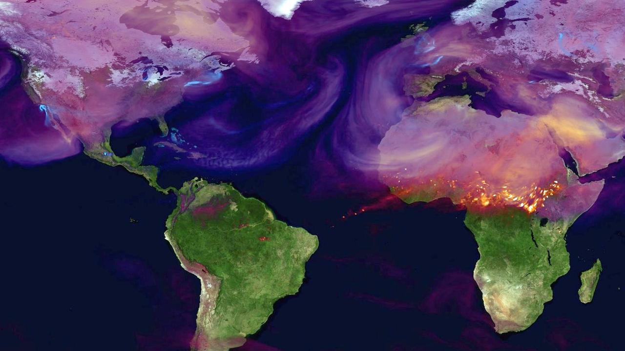 Die Kohlendioxidemissionen auf der Erde. Rote Flächen zeigen hohe Konzentrationen etwa von Auspuffgasen. Blaue Flächen zeigen hohe CO2-Konzentrationen über städtischen Zentren.