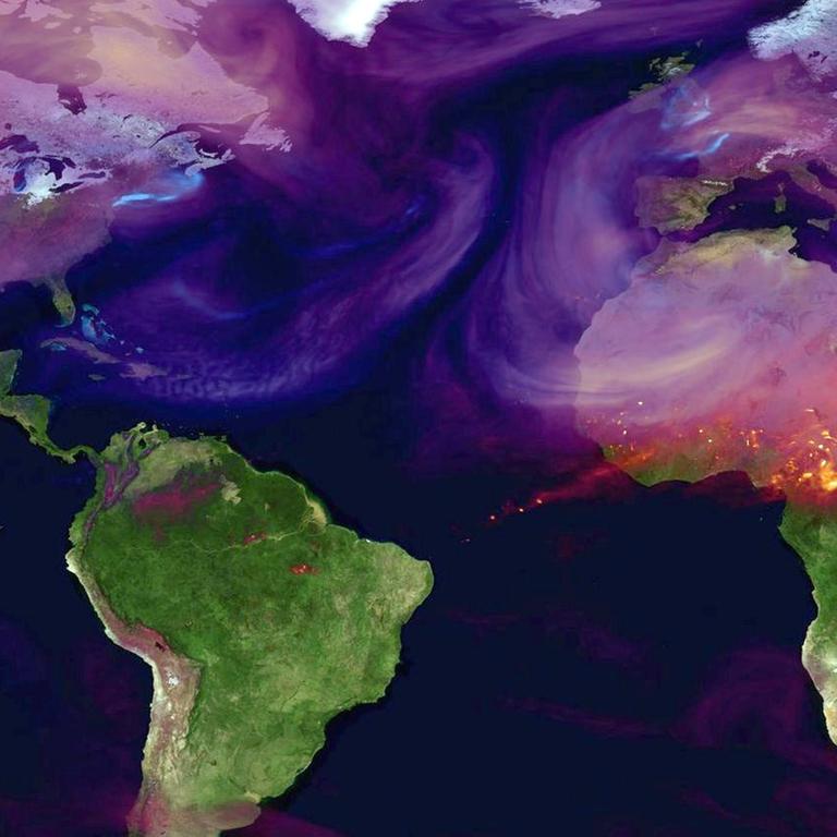 Die Kohlendioxidemissionen auf der Erde. Rote Flächen zeigen hohe Konzentrationen etwa von Auspuffgasen. Blaue Flächen zeigen hohe CO2-Konzentrationen über städtischen Zentren.