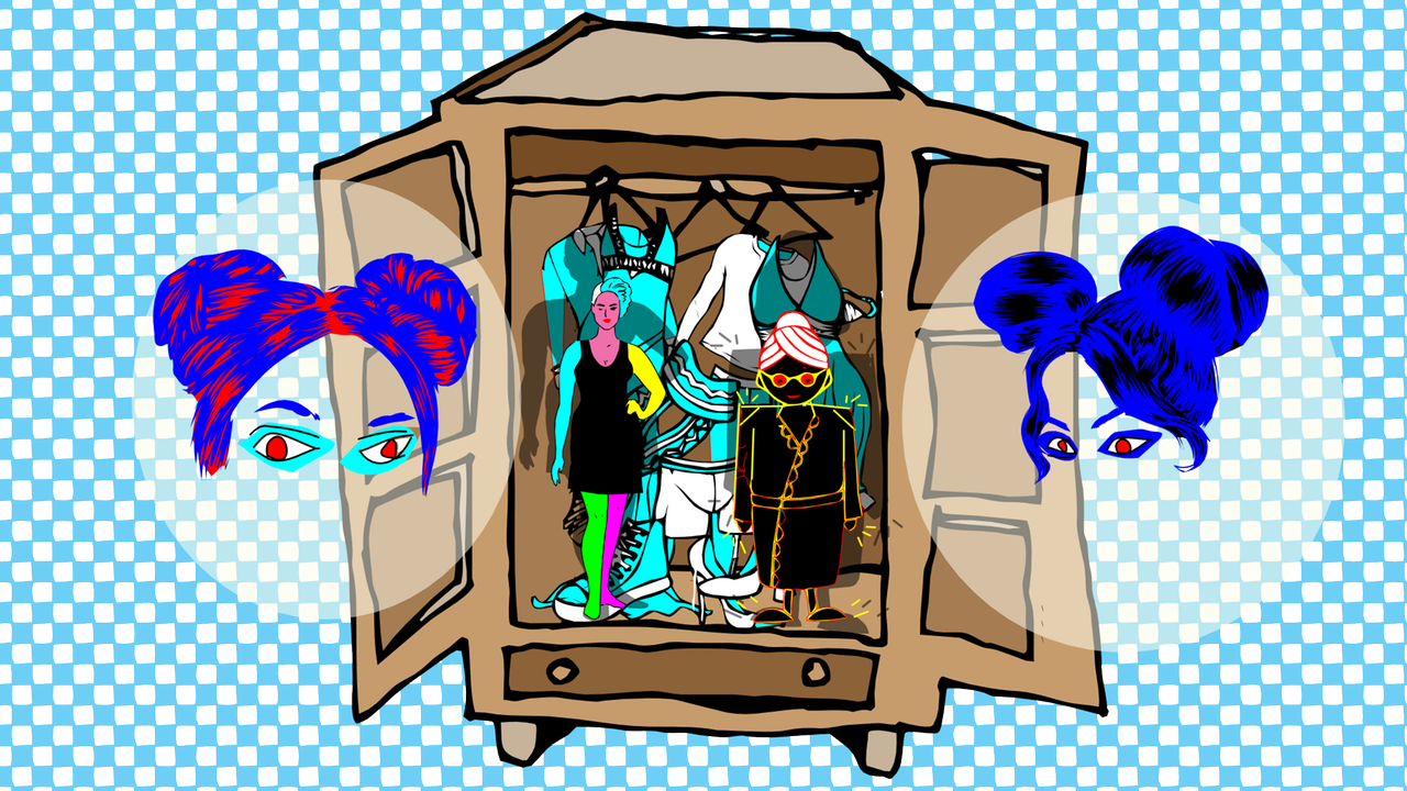 Zeichnung: Eine junge und eine ältere Person stehen in einem Holzschrank umgeben von Kleidungsstücken.  