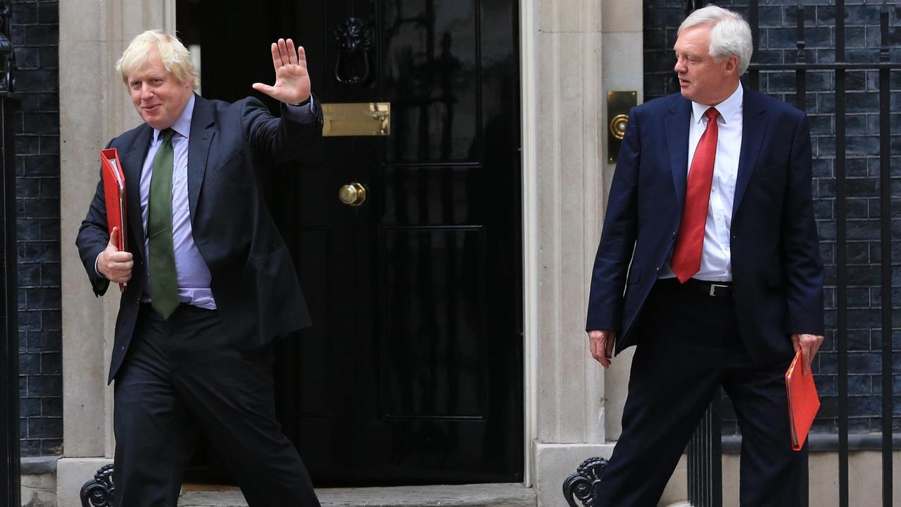 Johnson und Davis stehen in London vor der Tür von Downing Street No. 10. Johnson winkt. Johnson und Davis stehen in London vor der Tür von Downing Street No. 10. Johnson winkt.